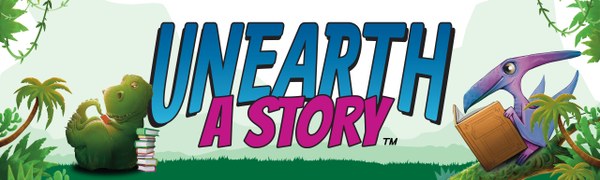 Banner reading "Unearth a Story" with a T-Rex and pterodactyl reading books on either side
